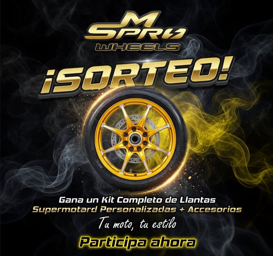 Llantas Supermotard oficiales de Smprowheels, kit completo y personalizable para motos supermotard, color negro y diseño resistente.